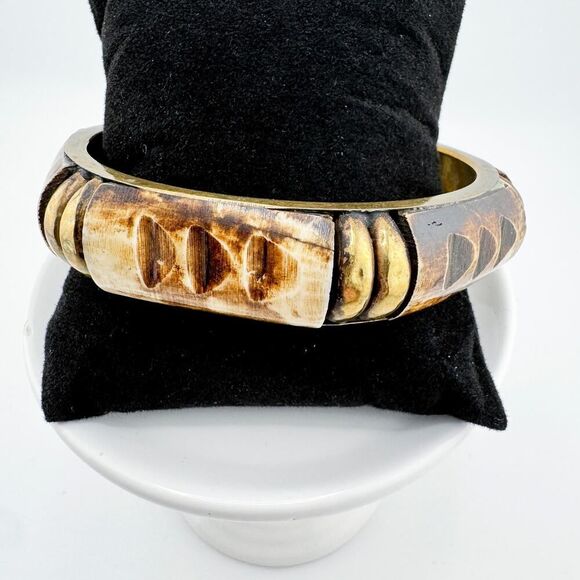 Vintage Hand-Carved Wood Brass Bangle Rustic Statement Bracelet Retro - Picture 7 of 9